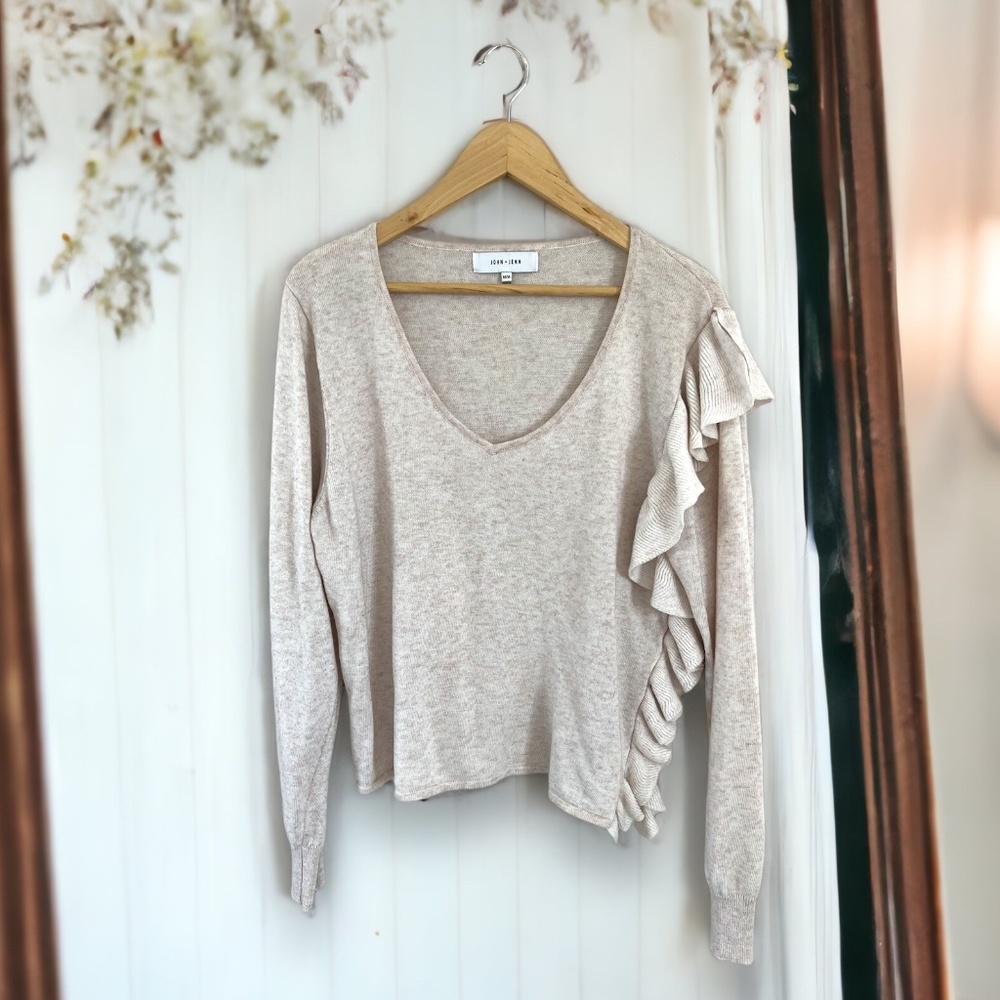 Women's Cream Sweater With Side Ruffle Detailing by John Jenn Size Medium